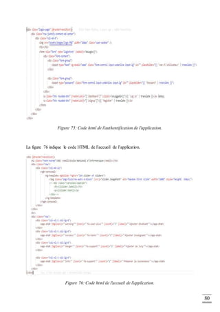 80
Figure 75: Code html de l'authentification de l'application.
La figure 76 indique le code HTML de l’accueil de l’application.
Figure 76: Code html de l'accueil de l'application.
 