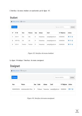 86
L’interface du menu étudiant est représentée par la figure 83.
Figure 83: Interface du menu étudiant.
La figure 84 indique l’interface du menu enseignant.
Figure 84: Interface du menu enseignant.
 