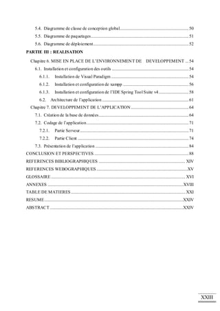 XXIII
5.4. Diagramme de classe de conception global..............................................................50
5.5. Diagramme de paquetages........................................................................................51
5.6. Diagramme de déploiement......................................................................................52
PARTIE III : REALISATION
Chapitre 6. MISE EN PLACE DE L’ENVIRONNEMENT DE DEVELOPPEMENT ...54
6.1. Installation et configuration des outils .....................................................................54
6.1.1. Installation de Visual Paradigm......................................................................54
6.1.2. Installation et configuration de xampp ...........................................................56
6.1.3. Installation et configuration de l’IDE Spring Tool Suite v4...........................58
6.2. Architecture de l’application ..............................................................................61
Chapitre 7. DEVELOPPEMENT DE L’APPLICATION....................................................64
7.1. Création de la base de données.................................................................................64
7.2. Codage de l’application............................................................................................71
7.2.1. Partie Serveur..................................................................................................71
7.2.2. Partie Client ....................................................................................................74
7.3. Présentation de l’application ....................................................................................84
CONCLUSION ET PERSPECTIVES .....................................................................................88
REFERENCES BIBLIOGRAPHIQUES .............................................................................. XIV
REFERENCES WEBOGRAPHIQUES ..................................................................................XV
GLOSSAIRE ......................................................................................................................... XVI
ANNEXES ..........................................................................................................................XVIII
TABLE DE MATIERES ....................................................................................................... XXI
RESUME.............................................................................................................................XXIV
ABSTRACT........................................................................................................................XXIV
 