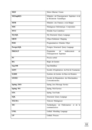 XII
MEF Metro Ethernet Forum
MESupRES Ministère de l’Enseignement Supérieur et de
la REcherche Scientifique
MFB Ministère des Finances et du Budget
MIC Madagascar Informatique Corporation
MVC Modèle-Vue-Contrôleur
MySQL My Structured Query Language
ORM Object Relational Mapping
POO Programmation Orientée Objet
PostgreSQL Postgres Structured Query Language
PRESUP Programme de renforcement en
l’Enseignement Supérieur
PV Procès-verbal
RG Règle de Gestion
Sap DB Sap DataBase
SEPT Société d’Exploitation du Port de Toamasina
SGBD Système de Gestion de Base de Données
SMMC Société de Manutention des Marchandises
Conventionnelles
Spring JMS Spring Java Message Service
Spring WS Spring Web Service
STS Spring Tool Suite
SQL Structured Query Language
TELMA Telecom Madagascar
TIC Technologies de l’Information et de la
communication
UML Unified Modeling Language
UP Unified Process
 