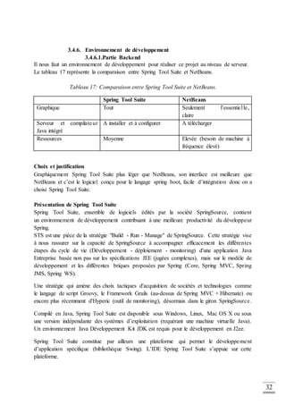 32
3.4.6. Environnement de développement
3.4.6.1.Partie Backend
Il nous faut un environnement de développement pour réaliser ce projet au niveau de serveur.
Le tableau 17 représente la comparaison entre Spring Tool Suite et NetBeans.
Tableau 17: Comparaison entre Spring Tool Suite et NetBeans.
Spring Tool Suite NetBeans
Graphique Tout Seulement l’essentielle,
claire
Serveur et compilateur
Java intégré
A installer et à configurer A télécharger
Ressources Moyenne Elevée (besoin de machine à
fréquence élevé)
Choix et justification
Graphiquement Spring Tool Suite plus léger que NetBeans, son interface est meilleure que
NetBeans et c’est le logiciel conçu pour le langage spring boot, facile d’intégration donc on a
choisi Spring Tool Suite.
Présentation de Spring Tool Suite
Spring Tool Suite, ensemble de logiciels édités par la société SpringSource, contient
un environnement de développement contribuant à une meilleure productivité du développeur
Spring.
STS est une pièce de la stratégie "Build - Run - Manage" de SpringSource. Cette stratégie vise
à nous rassurer sur la capacité de SpringSource à accompagner efficacement les différentes
étapes du cycle de vie (Développement - déploiement - monitoring) d'une application Java
Entreprise basée non pas sur les spécifications JEE (jugées complexes), mais sur le modèle de
développement et les différentes briques proposées par Spring (Core, Spring MVC, Spring
JMS, Spring WS).
Une stratégie qui amène des choix tactiques d'acquisition de sociétés et technologies comme
le langage de script Groovy, le Framework Grails (au-dessus de Spring MVC + Hibernate) ou
encore plus récemment d'Hyperic (outil de monitoring), désormais dans le giron SpringSource.
Compilé en Java, Spring Tool Suite est disponible sous Windows, Linux, Mac OS X ou sous
une version indépendante des systèmes d’exploitation (requérant une machine virtuelle Java).
Un environnement Java Développement Kit JDK est requis pour le développement en J2ee.
Spring Tool Suite constitue par ailleurs une plateforme qui permet le développement
d’application spécifique (bibliothèque Swing). L’IDE Spring Tool Suite s’appuie sur cette
plateforme.
 