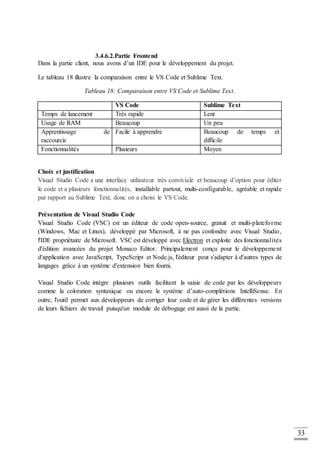33
3.4.6.2.Partie Frontend
Dans la partie client, nous avons d’un IDE pour le développement du projet.
Le tableau 18 illustre la comparaison entre le VS Code et Sublime Text.
Tableau 18: Comparaison entre VS Code et Sublime Text.
VS Code Sublime Text
Temps de lancement Très rapide Lent
Usage de RAM Beaucoup Un peu
Apprentissage de
raccourcis
Facile à apprendre Beaucoup de temps et
difficile
Fonctionnalités Plusieurs Moyen
Choix et justification
Visual Studio Code a une interface utilisateur très conviviale et beaucoup d’option pour éditer
le code et a plusieurs fonctionnalités, installable partout, multi-configurable, agréable et rapide
par rapport au Sublime Text, donc on a choisi le VS Code.
Présentation de Visual Studio Code
Visual Studio Code (VSC) est un éditeur de code open-source, gratuit et multi-plateforme
(Windows, Mac et Linux), développé par Microsoft, à ne pas confondre avec Visual Studio,
l'IDE propriétaire de Microsoft. VSC est développé avec Electron et exploite des fonctionnalités
d'édition avancées du projet Monaco Editor. Principalement conçu pour le développement
d'application avec JavaScript, TypeScript et Node.js, l'éditeur peut s'adapter à d'autres types de
langages grâce à un système d'extension bien fourni.
Visual Studio Code intègre plusieurs outils facilitant la saisie de code par les développeurs
comme la coloration syntaxique ou encore le système d’auto-complétions IntelliSense. En
outre, l'outil permet aux développeurs de corriger leur code et de gérer les différentes versions
de leurs fichiers de travail puisqu'un module de débogage est aussi de la partie.
 