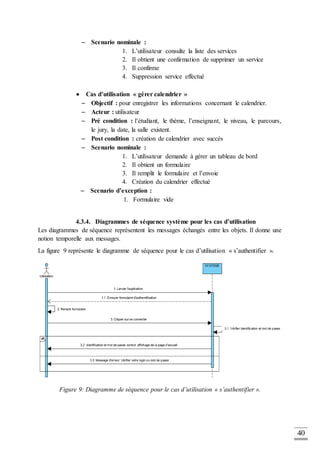 40
 Scenario nominale :
1. L’utilisateur consulte la liste des services
2. Il obtient une confirmation de supprimer un service
3. Il confirme
4. Suppression service effectué
 Cas d’utilisation « gérer calendrier »
 Objectif : pour enregistrer les informations concernant le calendrier.
 Acteur : utilisateur
 Pré condition : l’étudiant, le thème, l’enseignant, le niveau, le parcours,
le jury, la date, la salle existent.
 Post condition : création de calendrier avec succès
 Scenario nominale :
1. L’utilisateur demande à gérer un tableau de bord
2. Il obtient un formulaire
3. Il remplit le formulaire et l’envoie
4. Création du calendrier effectué
 Scenario d’exception :
1. Formulaire vide
4.3.4. Diagrammes de séquence système pour les cas d’utilisation
Les diagrammes de séquence représentent les messages échangés entre les objets. Il donne une
notion temporelle aux messages.
La figure 9 représente le diagramme de séquence pour le cas d’utilisation « s’authentifier ».
Figure 9: Diagramme de séquence pour le cas d’utilisation « s’authentifier ».
 