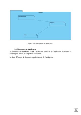 52
Figure 26: Diagramme de paquetage.
5.6.Diagramme de déploiement
Le diagramme de déploiement définit l’architecture matérielle de l’application. Il présente les
périphériques utilisés et la répartition du système.
La figure 27 montre le diagramme de déploiement de l’application.
 