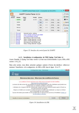 58
Figure 35: Interface du control panel de XAMPP.
6.1.3. Installation et configuration de l’IDE Spring Tool Suite v4
Avant d’installer le Spring Tool Suite version 4, il faut tout d’abord installer le java JDK et JRE
version 1.8.0_221.
Dans cette section, nous allons présenter quelques captures d’écran des interfaces utilisateur
montrant l’installation et la configuration de JDK et JRE dans la figure 36 et 37.
Figure 36: Installation de JDK.
 
