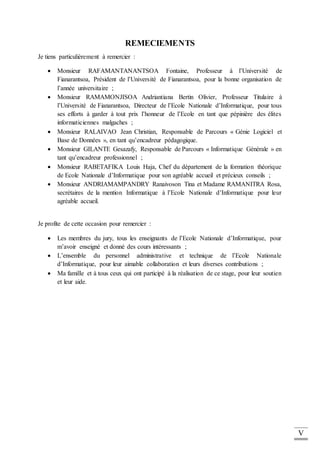 V
REMECIEMENTS
Je tiens particulièrement à remercier :
 Monsieur RAFAMANTANANTSOA Fontaine, Professeur à l’Université de
Fianarantsoa, Président de l’Université de Fianarantsoa, pour la bonne organisation de
l’année universitaire ;
 Monsieur RAMAMONJISOA Andriantiana Bertin Olivier, Professeur Titulaire à
l’Université de Fianarantsoa, Directeur de l’Ecole Nationale d’Informatique, pour tous
ses efforts à garder à tout prix l’honneur de l’Ecole en tant que pépinière des élites
informaticiennes malgaches ;
 Monsieur RALAIVAO Jean Christian, Responsable de Parcours « Génie Logiciel et
Base de Données », en tant qu’encadreur pédagogique.
 Monsieur GILANTE Gesazafy, Responsable de Parcours « Informatique Générale » en
tant qu’encadreur professionnel ;
 Monsieur RABETAFIKA Louis Haja, Chef du département de la formation théorique
de Ecole Nationale d’Informatique pour son agréable accueil et précieux conseils ;
 Monsieur ANDRIAMAMPANDRY Ranaivoson Tina et Madame RAMANITRA Rosa,
secrétaires de la mention Informatique à l’Ecole Nationale d’Informatique pour leur
agréable accueil.
Je profite de cette occasion pour remercier :
 Les membres du jury, tous les enseignants de l’Ecole Nationale d’Informatique, pour
m’avoir enseigné et donné des cours intéressants ;
 L’ensemble du personnel administrative et technique de l’Ecole Nationale
d’Informatique, pour leur aimable collaboration et leurs diverses contributions ;
 Ma famille et à tous ceux qui ont participé à la réalisation de ce stage, pour leur soutien
et leur aide.
 