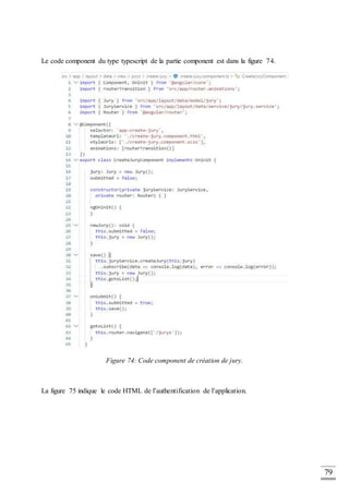 79
Le code component du type typescript de la partie component est dans la figure 74.
Figure 74: Code component de création de jury.
La figure 75 indique le code HTML de l’authentification de l’application.
 
