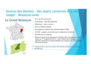 Le Grand Besançon
o  C.A. de 58 communes
o  Population : 180 000 habitants
o  Besançon : ville « centre »
o  58 % d’habita...