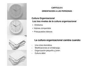 Los tres niveles de la cultura organizacional
• Artefactos
• Valores compartidos
• Presupuestos básicos
Cultura Organizacional
La cultura organizacional cambia cuando:
• Una crisis dramática.
• Modificaciones en el liderazgo.
• Organización pequeña y joven.
• Cultura débil.
CAPITULO 6
ORIENTACION A LAS PERSONAS
 