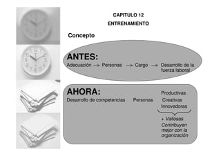 ANTES:
Adecuación Personas Cargo Desarrollo de la
fuerza laboral
AHORA: Productivas
Desarrollo de competencias Personas Creativas
Innovadoras
+ Valiosas
Contribuyen
mejor con la
organización
CAPITULO 12
ENTRENAMIENTO
Concepto
 