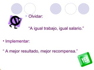 Olvidar: “ A igual trabajo, igual salario.” Implementar: “  A mejor resultado, mejor recompensa.” 
