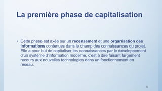 La première phase de capitalisation
• Cette phase est axée sur un recensement et une organisation des
informations contenues dans le champ des connaissances du projet.
Elle a pour but de capitaliser les connaissances par le développement
d’un système d’information moderne, c’est à dire faisant largement
recours aux nouvelles technologies dans un fonctionnement en
réseau.
12
 