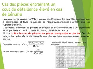 Cas des pièces entrainant un
cout de défaillance élevé en cas
de pénurie
Le calcul par la formule de Wilson permet de déterminer les quantités économiques
à commander et leurs fréquences de réapprovisionnement ; évitant ainsi les
ruptures de stock.
Cependant, il convient de prendre en compte les coûts consécutifs à une rupture de
stock (arrêt de production, perte de clients, pénalités de retard).
Notons « W » le coût de pénurie par pièces manquantes et par an. Ce coût
intègre les pertes de production et le coût des solutions compensatoires mises en
œuvre.
 
2 . . .
. .
K Ca W Pu i
Qe
W Pu i


.
(1 )
.
Pu i
a
Pu i W
 

Quantité économique :
Taux de pénurie (1-a ) est :
La quantité à détenir en stock se fait à l’aide
d’abaques:
 