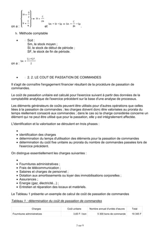 on a :

et

.

b. Méthode comptable
Soit :
Sm, le stock moyen ;
SI, le stock de début de période ;
SF, le stock de fin de période.

on a :

2. 2. LE COUT DE PASSATION DE COMMANDES
Il s'agit de connaître l'engagement financier résultant de la procédure de passation de
commandes.
Le coût de passation unitaire est calculé pour l'exercice suivant à partir des données de la
comptabilité analytique de l'exercice précédent sur la base d'une analyse de processus.
Les éléments générateurs de coûts peuvent être utilisés pour d'autres opérations que celles
liées à la passation de commandes ; les charges doivent donc être valorisées au prorata du
temps réellement consacré aux commandes ; dans le cas où la charge considérée concerne un
élément qui ne peut être utilisé que pour la passation, elle y est intégralement affectée.
L'identification et la valorisation se déroulent en trois phases :
identification des charges
détermination du temps d'utilisation des éléments pour la passation de commandes
détermination du coût fixe unitaire au prorata du nombre de commandes passées lors de
l'exercice précédent.
On distingue essentiellement les charges suivantes :
Fournitures administratives ;
Frais de télécommunication ;
Salaires et charges de personnel ;
Dotation aux amortissements ou loyer des immobilisations corporelles ;
Assurances ;
Energie (gaz, électricité...) ;
Entretien et réparation des locaux et matériels.
Le Tableau 1 présente un exemple de calcul de coût de passation de commandes
Tableau 1 : détermination du coût de passation de commandes
Charges
Fournitures administratives

Coût unitaire
3,65 F / bon

3 sur 9

Nombre annuel d'unités d'œuvre
5 300 bons de commande

Total
19 345 F

 