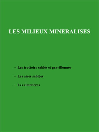LES MILIEUX MINERALISES
- Les trottoirs sablés et gravillonnés
- Les aires sablées
- Les cimetières
 