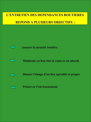 L’ENTRETIEN DES DEPENDANCES ROUTIERES
REPOND A PLUSIEURS OBJECTIFS :
Assurer la sécurité routière
Maintenir en bon état la route et ses abords
Donner l’image d’un lieu agréable et propre
Préserver l’environnement
 