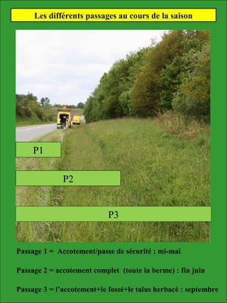 P1
P2
P3
Passage 1 = Accotement/passe de sécurité : mi-mai
Passage 2 = accotement complet (toute la berme) : fin juin
Passage 3 = l’accotement+le fossé+le talus herbacé : septembre
Les différents passages au cours de la saison
 