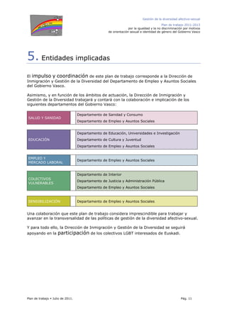 Gestión de la diversidad afectivo-sexual
Plan de trabajo 2011-2013
por la igualdad y la no discriminación por motivos
de orientación sexual e identidad de género del Gobierno Vasco
Plan de trabajo Julio de 2011. Pág. 11
5. Entidades implicadas
El impulso y coordinación de este plan de trabajo corresponde a la Dirección de
Inmigración y Gestión de la Diversidad del Departamento de Empleo y Asuntos Sociales
del Gobierno Vasco.
Asimismo, y en función de los ámbitos de actuación, la Dirección de Inmigración y
Gestión de la Diversidad trabajará y contará con la colaboración e implicación de los
siguientes departamentos del Gobierno Vasco:
SALUD Y SANIDAD
Departamento de Sanidad y Consumo
Departamento de Empleo y Asuntos Sociales
EDUCACIÓN
Departamento de Educación, Universidades e Investigación
Departamento de Cultura y Juventud
Departamento de Empleo y Asuntos Sociales
EMPLEO Y
MERCADO LABORAL
Departamento de Empleo y Asuntos Sociales
COLECTIVOS
VULNERABLES
Departamento de Interior
Departamento de Justicia y Administración Pública
Departamento de Empleo y Asuntos Sociales
SENSIBILIZACIÓN Departamento de Empleo y Asuntos Sociales
Una colaboración que este plan de trabajo considera imprescindible para trabajar y
avanzar en la transversalidad de las políticas de gestión de la diversidad afectivo-sexual.
Y para todo ello, la Dirección de Inmigración y Gestión de la Diversidad se seguirá
apoyando en la participación de los colectivos LGBT interesados de Euskadi.
 