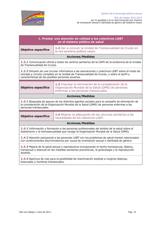 Gestión de la diversidad afectivo-sexual
Plan de trabajo 2011-2013
por la igualdad y la no discriminación por motivos
de orientación sexual e identidad de género del Gobierno Vasco
Plan de trabajo Julio de 2011. Pág. 14
1. Prestar una atención de calidad a los colectivos LGBT
en el sistema público de salud
Objetivo específico
1.2 Dar a conocer la Unidad de Transexualidad de Cruces en
la red sanitaria pública vasca.
Acciones/Medidas
1.2.1 Comunicación oficial a todos los centros sanitarios de la CAPV de la existencia de la Unidad
de Transexualidad de Cruces.
1.2.2 Difusión de una circular informativa a las asociaciones y colectivos LGBT sobre el modo de
entrada y circuito completo en la Unidad de Transexualidad de Cruces, y sobre el perfil y
características de las posibles personas usuarias.
Objetivo específico
1.3 Impulsar la eliminación de la consideración de la
Organización Mundial de la Salud (OMS) de personas
enfermas a las personas transexuales.
Acciones/Medidas
1.3.1 Búsqueda de apoyos de los distintos agentes sociales para la campaña de eliminación de
la consideración de la Organización Mundial de la Salud (OMS) de personas enfermas a las
personas transexuales.
Objetivo específico
1.4 Mejorar la adecuación de los recursos sanitarios a las
necesidades de los colectivos LGBT.
Acciones/Medidas
1.4.1 Información y formación a las personas profesionales del ámbito de la salud sobre el
lesbianismo y la homosexualidad que recoge la Organización Mundial de la Salud (OMS).
1.4.2 Atención psicosocial a las personas LGBT con los problemas de salud mental relacionados
con condicionantes discriminatorios por causa de orientación sexual o identidad de género.
1.4.3 Mejora de la salud sexual y reproductiva incorporando el hecho homosexual, lésbico,
transexual y bisexual en las medidas sanitarias preventivas, la ginecología y la reproducción
asistida.
1.4.4 Apertura de vías para la posibilidad de inseminación asistida a mujeres lésbicas,
bisexuales y hombres transexuales.
 