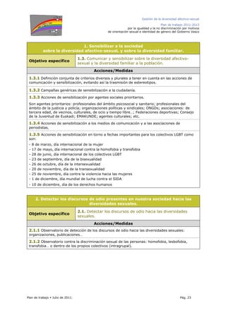 Gestión de la diversidad afectivo-sexual
Plan de trabajo 2011-2013
por la igualdad y la no discriminación por motivos
de orientación sexual e identidad de género del Gobierno Vasco
Plan de trabajo Julio de 2011. Pág. 23
1. Sensibilizar a la sociedad
sobre la diversidad afectivo-sexual, y sobre la diversidad familiar.
Objetivo específico
1.3. Comunicar y sensibilizar sobre la diversidad afectivo-
sexual y la diversidad familiar a la población.
Acciones/Medidas
1.3.1 Definición conjunta de criterios diversos y plurales a tener en cuenta en las acciones de
comunicación y sensibilización, evitando así la trasmisión de estereotipos.
1.3.2 Campañas genéricas de sensibilización a la ciudadanía.
1.3.3 Acciones de sensibilización por agentes sociales prioritarios.
Son agentes prioritarios: profesionales del ámbito psicosocial y sanitario; profesionales del
ámbito de la justicia y policía; organizaciones políticas y sindicales; ONGDs; asociaciones: de
tercera edad, de vecinos, culturales, de ocio y tiempo libre…; Federaciones deportivas; Consejo
de la Juventud de Euskadi; EMAKUNDE; agentes culturales; etc.
1.3.4 Acciones de sensibilización a los medios de comunicación y a las asociaciones de
periodistas.
1.3.5 Acciones de sensibilización en torno a fechas importantes para los colectivos LGBT como
son:
- 8 de marzo, día internacional de la mujer
- 17 de mayo, día internacional contra la homofobia y transfobia
- 28 de junio, día internacional de los colectivos LGBT
- 23 de septiembre, día de la bisexualidad
- 26 de octubre, día de la intersexualidad
- 20 de noviembre, día de la transexualidad
- 25 de noviembre, día contra la violencia hacia las mujeres
- 1 de diciembre, día mundial de lucha contra el SIDA
- 10 de diciembre, día de los derechos humanos
2. Detectar los discursos de odio presentes en nuestra sociedad hacia las
diversidades sexuales.
Objetivo específico
2.1. Detectar los discursos de odio hacia las diversidades
sexuales.
Acciones/Medidas
2.1.1 Observatorio de detección de los discursos de odio hacia las diversidades sexuales:
organizaciones, publicaciones…
2.1.2 Observatorio contra la discriminación sexual de las personas: homofobia, lesbofobia,
transfobia… o dentro de los propios colectivos (intragrupal).
 