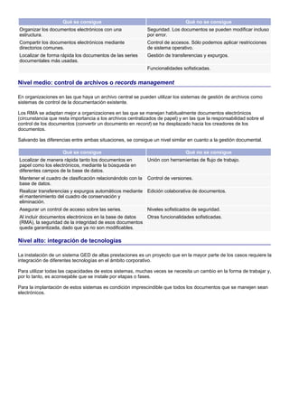 Qué se consigue                                           Qué no se consigue
Organizar los documentos electrónicos con una                Seguridad. Los documentos se pueden modificar incluso
estructura.                                                  por error.
Compartir los documentos electrónicos mediante               Control de accesos. Sólo podemos aplicar restricciones
directorios comunes.                                         de sistema operativo.
Localizar de forma rápida los documentos de las series       Gestión de transferencias y expurgos.
documentales más usadas.
                                                             Funcionalidades sofisticadas.


Nivel medio: control de archivos o records management

En organizaciones en las que haya un archivo central se pueden utilizar los sistemas de gestión de archivos como
sistemas de control de la documentación existente.

Los RMA se adaptan mejor a organizaciones en las que se manejan habitualmente documentos electrónicos
(circunstancia que resta importancia a los archivos centralizados de papel) y en las que la responsabilidad sobre el
control de los documentos (convertir un documento en record) se ha desplazado hacia los creadores de los
documentos.

Salvando las diferencias entre ambas situaciones, se consigue un nivel similar en cuanto a la gestión documental.

                     Qué se consigue                                           Qué no se consigue
Localizar de manera rápida tanto los documentos en           Unión con herramientas de flujo de trabajo.
papel como los electrónicos, mediante la búsqueda en
diferentes campos de la base de datos.
Mantener el cuadro de clasificación relacionándolo con la    Control de versiones.
base de datos.
Realizar transferencias y expurgos automáticos mediante Edición colaborativa de documentos.
el mantenimiento del cuadro de conservación y
eliminación.
Asegurar un control de acceso sobre las series.              Niveles sofisticados de seguridad.
Al incluir documentos electrónicos en la base de datos  Otras funcionalidades sofisticadas.
(RMA), la seguridad de la integridad de esos documentos
queda garantizada, dado que ya no son modificables.

Nivel alto: integración de tecnologías

La instalación de un sistema GED de altas prestaciones es un proyecto que en la mayor parte de los casos requiere la
integración de diferentes tecnologías en el ámbito corporativo.

Para utilizar todas las capacidades de estos sistemas, muchas veces se necesita un cambio en la forma de trabajar y,
por lo tanto, es aconsejable que se instale por etapas o fases.

Para la implantación de estos sistemas es condición imprescindible que todos los documentos que se manejen sean
electrónicos.
 