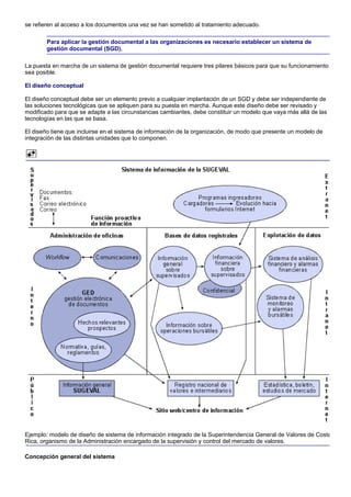 se refieren al acceso a los documentos una vez se han sometido al tratamiento adecuado.

        Para aplicar la gestión documental a las organizaciones es necesario establecer un sistema de
        gestión documental (SGD).

La puesta en marcha de un sistema de gestión documental requiere tres pilares básicos para que su funcionamiento
sea posible.

El diseño conceptual

El diseño conceptual debe ser un elemento previo a cualquier implantación de un SGD y debe ser independiente de
las soluciones tecnológicas que se apliquen para su puesta en marcha. Aunque este diseño debe ser revisado y
modificado para que se adapte a las circunstancias cambiantes, debe constituir un modelo que vaya más allá de las
tecnologías en las que se basa.

El diseño tiene que incluirse en el sistema de información de la organización, de modo que presente un modelo de
integración de las distintas unidades que lo componen.




Ejemplo: modelo de diseño de sistema de información integrado de la Superintendencia General de Valores de Costa
Rica, organismo de la Administración encargado de la supervisión y control del mercado de valores.

Concepción general del sistema
 