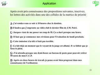 15
Application
Après avoir pris connaissance des propositions suivantes, inscrivez,
les lettres des activités dans une des cellules de la matrice de priorité
A- j’ai rendez-vous ce soir à 18 heures chez le dentiste.
B-il faudra que j’emprunte au vidéo club le dernier film de J.M. Poiré.
C- Jacques vient de me passer un coup de fil. Ça a duré presque une heure.
D- Il faut que je commence mes révisions pour l’évaluation de lundi prochain.
E- Cette émission à la télé n’était pas terrible.
F- Ça fait déjà un moment que le voyant de la jauge est allumé. Il va falloir que je
fasse le plein.
G- J’ai attendu presque une demi-heure au bureau de poste pour pouvoir retirer
50 euros de mon C.C.P.
H- Après ces deux heures de travail, je pense avoir bien progressé dans mes
connaissance de l’ordinateur.
 