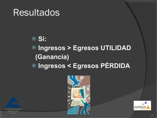 Resultados Si: Ingresos > Egresos UTILIDAD (Ganancia) Ingresos < Egresos PÉRDIDA 