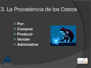 3. La Procedencia de los Costos Por: Comprar Producir Vender Administrar 