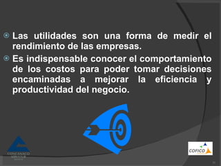 Las utilidades son una forma de medir el rendimiento de las empresas. Es indispensable conocer el comportamiento de los costos para poder tomar decisiones encaminadas a mejorar la eficiencia y productividad del negocio. 