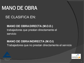 MANO DE OBRA SE CLASIFICA EN: MANO DE OBRA DIRECTA (M.O.D.) trabajadores que prestan directamente el servicio MANO DE OBRA INDIRECTA (M.O.I) Trabajadores que no prestan directamente el servicio 