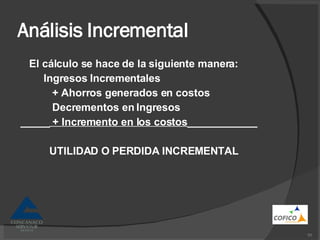 Análisis Incremental El cálculo se hace de la siguiente manera: Ingresos Incrementales + Ahorros generados en costos Decrementos en Ingresos _____  + Incremento en los costos ____________ UTILIDAD O PERDIDA INCREMENTAL 