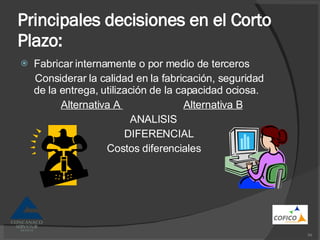 Principales decisiones en el Corto Plazo: Fabricar internamente o por medio de terceros Considerar la calidad en la fabricación, seguridad de la entrega, utilización de la capacidad ociosa. Alternativa A  Alternativa B ANALISIS DIFERENCIAL Costos diferenciales 