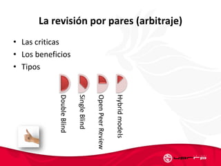 La revisión por pares (arbitraje)
• Las criticas
• Los beneficios
• Tipos
Hybridmodels
OpenPeerReview
SingleBlind
DoubleBlind
 