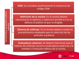 Característicasdegestiónypolítica
editorial
ISSN: Se considera positivamente la existencia de
código ISSN.
Definición de la revista: En la revista deberá
mencionarse el objetivo y cobertura temática o en su
defecto el público al que va dirigida.
Sistema de arbitraje: En la revista deberá constar el
procedimiento empleado para la selección de los
artículos a publicar.
Evaluadores externos: Se deberá mencionar que el
sistema de arbitraje recurre a evaluadores externos a la
entidad o institución editora de la revista.
 
