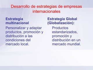 Desarrollo de estrategias de empresas
               internacionales
Estrategia               Estrategia Global
multinacional            (Globalización):
Personalizar y adaptar      Productos
productos, promoción y      estandarizados,
distribución a las          promoción y
condiciones del             distribución en un
mercado local.              mercado mundial.
 