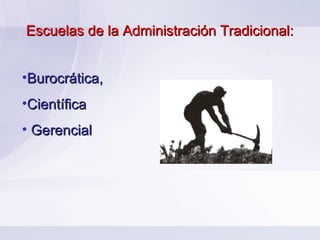 Escuelas de la Administración Tradicional:


•Burocrática,
•Científica
• Gerencial
 
