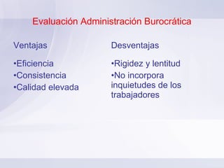 Evaluación Administración Burocrática

Ventajas              Desventajas

•Eficiencia           •Rigidez y lentitud
•Consistencia         •No incorpora
•Calidad elevada      inquietudes de los
                      trabajadores
 