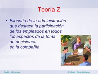 Teoría Z
  • Filosofía de la administración
    que destaca la participación
    de los empleados en todos
    los aspectos de la toma
    de decisiones
    en la compañía.




Gestión y Empresa                    Profesor: Eduardo Kohler
 