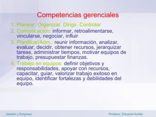 Competencias gerenciales
   1. Planear, Organizar, Dirigir, Controlar
   2. Comunicación: informar, retroalimentarse,
      vincularse, negociar, influir
   3. Planificar/Adm.: reunir información, analizar,
      evaluar, decidir, obtener recursos, jerarquizar
      tareas, administrar tiempos, motivar equipos de
      trabajo, presupuestar finanzas.
   4. Trabajo en equipos: definir objetivos y
      responsabilidades, apoyar con recursos,
      capacitar, guiar, valorizar trabajo exitoso en
      equipo, identificar fortalezas y debilidades del
      equipo.




Gestión y Empresa                             Profesor: Eduardo Kohler
 