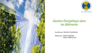 Gestion Énergétique dans
les Bâtiments
Encadré par: MR.ADIL CHAHBOUN
Réalisé par: HANAE MEZZINE
AMAL HABIB ALLAH
 