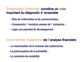 Diagnostic financier constitue unconstitue un voletvolet
important du diagnostic d ’ensembleimportant du diagnostic d ’ensemble
- Rôle de l’information et de communication;
- Comprendre l ’évolution passée de l ’entreprise ;
- Juger son potentiel de développement
Contraintes majeures de l ’analyse financièrede l ’analyse financière
- La maximisation de la richesse des actionnaires;
- La préoccupation de la solvabilité ;
- La contrainte de rentabilité
 
