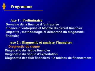 ProgrammeProgramme
Axe 1 : PréliminaireAxe 1 : Préliminaire
Domaine de la finance d ’entreprise
Finance d ’entreprise et Modèle du circuit financier
Objectifs , méthodologie et démarche du diagnostic
financier
Axe 2 : Diagnostic et analyse FinanciersAxe 2 : Diagnostic et analyse Financiers
Diagnostic du risque
Diagnostic du risque financier
Diagnostic du risque d’exploitation
Diagnostic des flux financiers : le tableau de financement
 