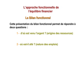 Cette présentation du bilan fonctionnel permet de répondre à
deux questions :
1 - d’où est venu l’argent ? (origine des ressources)
2 - où est-il allé ? (nature des emplois)
L’approche fonctionnelle de
l’équilibre financier
Le Bilan fonctionnelLe Bilan fonctionnel
 