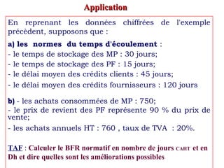ApplicationApplication
En reprenant les données chiffrées de l'exemple
précèdent, supposons que :
a) les normes du temps d'écoulement :
- le temps de stockage des MP : 30 jours;
- le temps de stockage des PF : 15 jours;
- le délai moyen des crédits clients : 45 jours;
- le délai moyen des crédits fournisseurs : 120 jours
b) - les achats consommées de MP : 750;
- le prix de revient des PF représente 90 % du prix de
vente;
- les achats annuels HT : 760 , taux de TVA : 20%.
TAF : Calculer le BFR normatif en nombre de jours CAHT et en
Dh et dire quelles sont les améliorations possibles
 