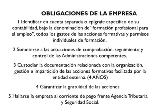 OBLIGACIONES DE LA EMPRESA
1 Identificar en cuenta separada o epígrafe específico de su
contabilidad, bajo la denominación de “formación profesional para
el empleo”, todos los gastos de las acciones formativas y permisos
individuales de formación.
2 Someterse a las actuaciones de comprobación, seguimiento y
control de las Administraciones competentes.
3 Custodiar la documentación relacionada con la organización,
gestión e impartición de las acciones formativas facilitada por la
entidad externa. (4 AÑOS)
4 Garantizar la gratuidad de las acciones.
5 Hallarse la empresa al corriente de pago frente Agencia Tributaria
y Seguridad Social.
 