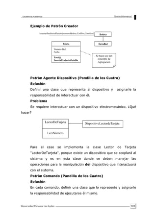 101
Ejemplo de Patrón Creador
Patrón Agente Dispositivo (Pandilla de los Cuatro)
Solución
Definir una clase que representa al dispositivo y asignarle la
responsabilidad de interactuar con él.
Problema
Se requiere interactuar con un dispositivo electromecánico. ¿Qué
hacer?
Para el caso se implementa la clase Lector de Tarjeta
"LectorDeTarjeta", porque existe un dispositivo que se acoplará al
sistema y es en esta clase donde se deben manejar las
operaciones para la manipulación del dispositivo que interactuará
con el sistema.
Patrón Comando (Pandilla de los Cuatro)
Solución
En cada comando, definir una clase que lo represente y asignarle
la responsabilidad de ejecutarse él mismo.
Boleta
DetaBolBoleta
Numero Bol
Fecha
Total()
InsertaProductoDetaBo
l
Se hace uso del
concepto de
Agregación
InsertarProductoDetabo(numeroBoleta,CodPro,Cantidad)
LectorDeTarjeta
LeerNumero
DispositivoLectordeTarjeta
 