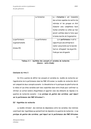 La gestion des carrières et performance IHEE
des pme gabonaises
Tableau 2.1 : Synthèse des concepts et variables de recherche
(Source : notre étude)
Conclusion du titre I
Ce titre a permis de définir les concepts et variables du modèle de recherche sur
l’appréciation de la performance dans les PME Africaines. Le modèle de recherche décrit
est composé de deux concepts suivants : la rémunération et la pratiques de planification de
la relève et Les dites variables sont donc exploitées dans notre étude pour confirmer ou
infirmer un certain nombre d’hypothèses et apporter ainsi des éléments de réponse à la
question de recherche suivante : « La pratique de gestion des carrières, quel impact
sur la performance des PME Africaines? »
II/ Hypothèse de recherche
Le modèle introduit des relations de dépendance entre les variables. Ces relations
constituent des hypothèses qui permettront de répondre a la question de recherche : « La
pratique de gestion des carrières, quel impact sur la performance des PME Africaines
La formation La « formation » est l’ensemble
des actions capables de mettre les
individus et les groupes en état
d’assurer avec compétence leurs
taches actuelles ou celles qui leur
seront confiées dans le futur pour
la bonne marche de l’organisation
La performance
organisationnelle
(niveau II)
La performance La « performance » est la
capacité qu’a une entreprise à
rester concurrente sur le marché
tout en atteignant les objectifs
fixés par ses dirigeants
38
Mounguetyi Bekono
Christian
 