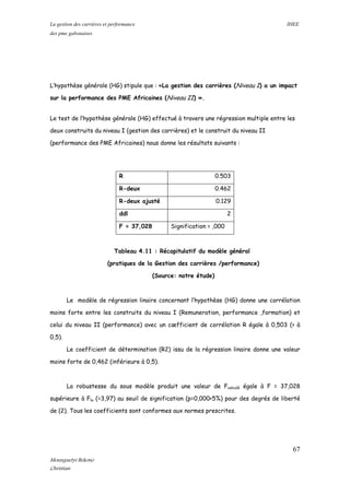 La gestion des carrières et performance IHEE
des pme gabonaises
L’hypothèse générale (HG) stipule que : «La gestion des carrières (Niveau I) a un impact
sur la performance des PME Africaines (Niveau II) ».
Le test de l’hypothèse générale (HG) effectué à travers une régression multiple entre les
deux construits du niveau I (gestion des carrières) et le construit du niveau II
(performance des PME Africaines) nous donne les résultats suivants :
R 0.503
R-deux 0.462
R-deux ajusté 0.129
ddl 2
F = 37,028 Signification = ,000
Tableau 4.11 : Récapitulatif du modèle général
(pratiques de la Gestion des carrières /performance)
(Source: notre étude)
Le modèle de régression linaire concernant l’hypothèse (HG) donne une corrélation
moins forte entre les construits du niveau I (Remuneration, performance ,formation) et
celui du niveau II (performance) avec un cœfficient de corrélation R égale à 0,503 (> à
0,5).
Le coefficient de détermination (R2) issu de la régression linaire donne une valeur
moins forte de 0,462 (inférieure à 0,5).
La robustesse du sous modèle produit une valeur de Fcalculé égale à F = 37,028
supérieure à Flu (=3,97) au seuil de signification (p=0,000<5%) pour des degrés de liberté
de (2). Tous les coefficients sont conformes aux normes prescrites.
67
Mounguetyi Bekono
Christian
 