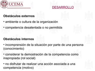 DESARROLLO Obstáculos externos ambiente o cultura de la organización competencia desalentada o no permitida Obstáculos internos incomprensión de la situación por parte de una persona (conocimiento) considerar la demostración de la competencia como inapropiada (rol social) no disfrutar de realizar una acción asociada a una competencia (motivo) 